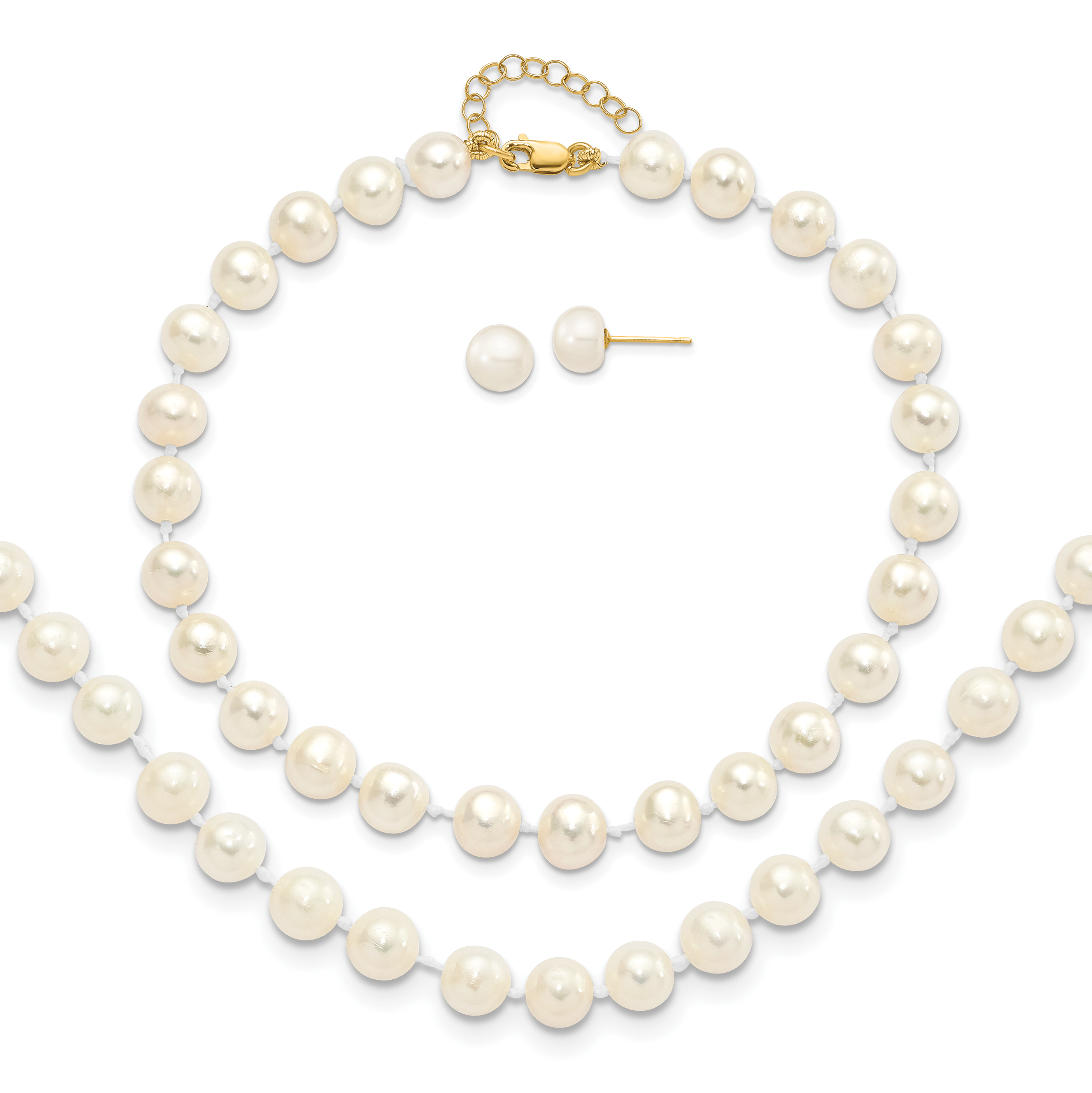 14k 6-7mm White Round Freshwater Cultured Pearl 7.25 inch with 1 Extender Bracelet/18 inch with 2 inch Extender Necklace/Button Earrings Set (XF454SET)