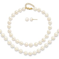14K Yellow Gold 6-7mm White Round Freshwater Cultured Pearl with 1 Extender Bracelet 18 Inch with 2 Inch Extender Necklace Button Earrings Set, 7.25" view 1