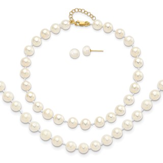 14k 6-7mm White Round Freshwater Cultured Pearl 7.25 inch with 1 Extender Bracelet/18 inch with 2 inch Extender Necklace/Button Earrings Set