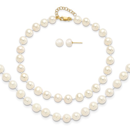 14K Yellow Gold 6-7mm White Round Freshwater Cultured Pearl with 1 Extender Bracelet 18 Inch with 2 Inch Extender Necklace Button Earrings Set, 7.25"