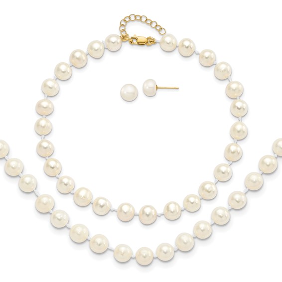 14k 6-7mm White Round Freshwater Cultured Pearl 7.25 inch with 1 Extender Bracelet/18 inch with 2 inch Extender Necklace/Button Earrings Set