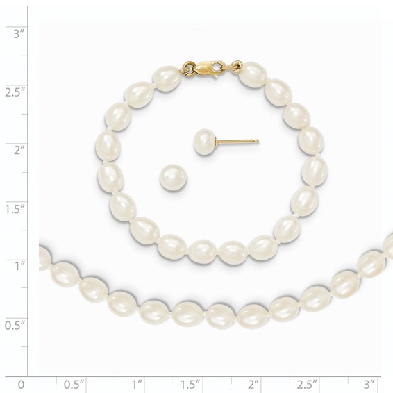 14k 5-6mm White Freshwater Cultured Pearl 14 inch Necklace / 5 inch Bracelet / Post Earrings 3-piece Set