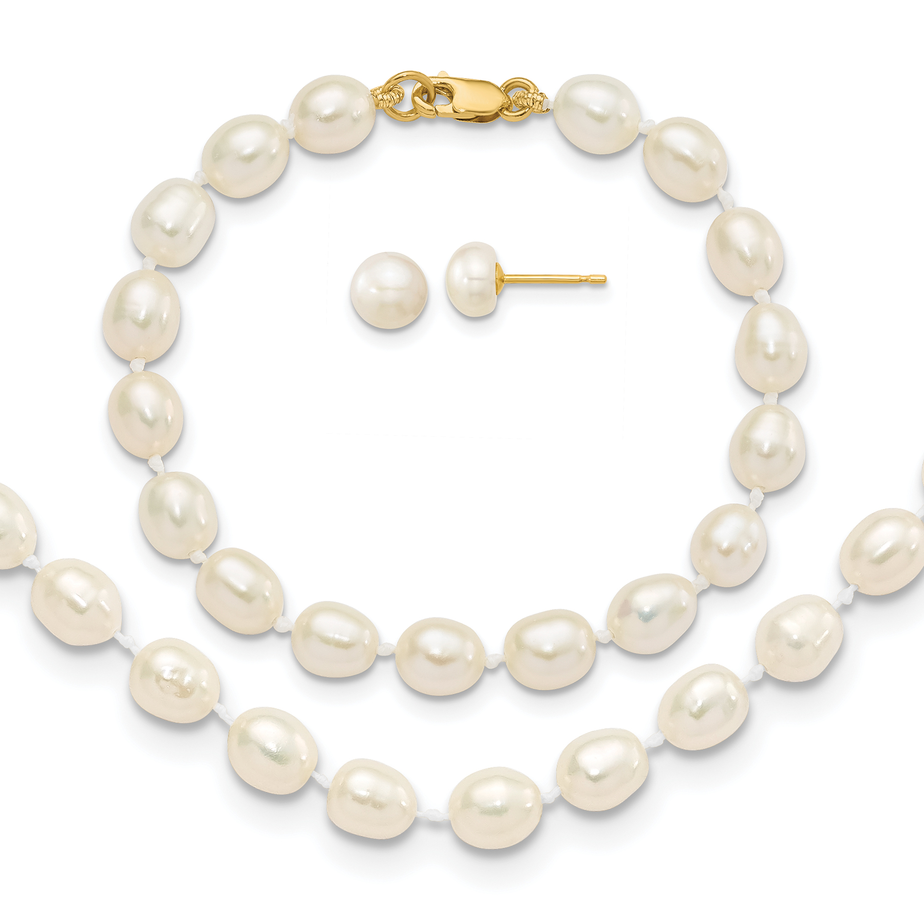 14k 5-6mm White Freshwater Cultured Pearl 5 inch Bracelet, 14 inch Necklace and Post Earrings Set (XF455SET)