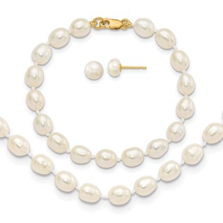 14k 5-6mm White Freshwater Cultured Pearl 14 inch Necklace / 5 inch Bracelet / Post Earrings 3-piece Set