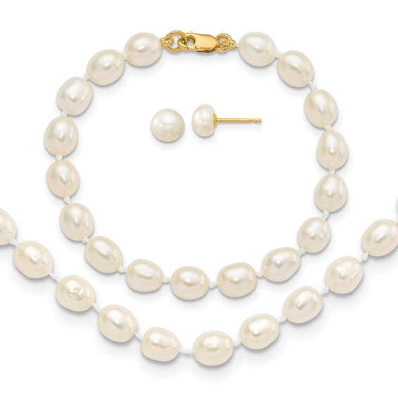 14k 5-6mm White Freshwater Cultured Pearl 14 inch Necklace / 5 inch Bracelet / Post Earrings 3-piece Set
