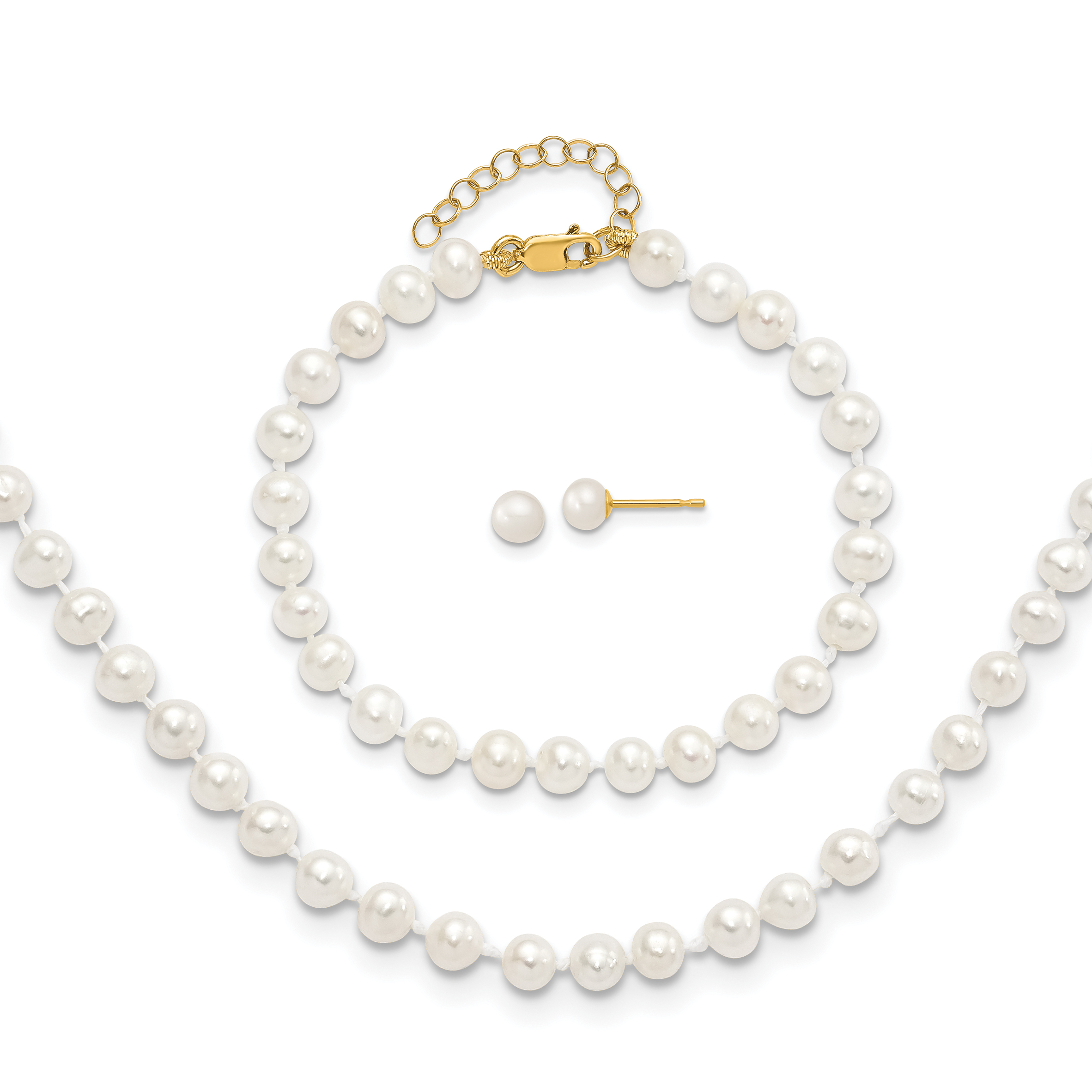 14k 4-5mm White Freshwater Cultured Pearl 5 inch Bracelet with 1 inch Extension, 14 inch Necklace with 1 inch Extension and Post Earrings Set (XF456SET)