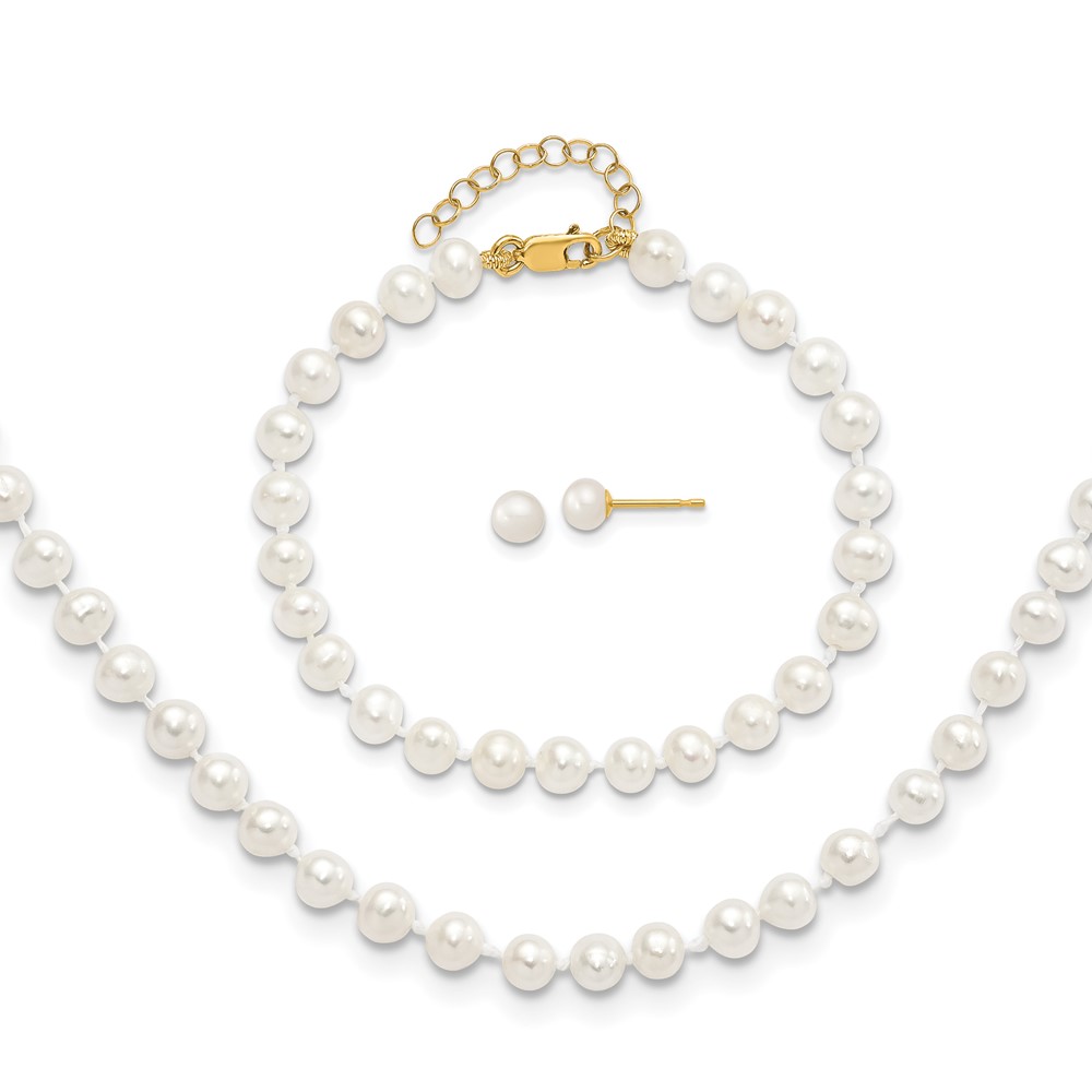 14k 4-5mm White Freshwater Cultured Pearl 5 inch Bracelet with 1 inch Extension, 14 inch Necklace with 1 inch Extension and Post Earrings Set (XF456SET)