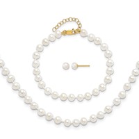 14K 4-5mm White Freshwater Cultured Pearl 14 Inch Necklace with 1 Inch Extender 5 Inch Bracelet with 1 Inch Extender Post Earrings Set view 1