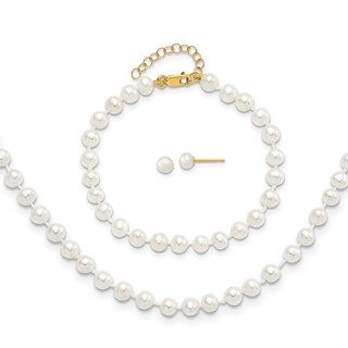 14k 4-5mm White Freshwater Cultured Pearl 14 inch Necklace with 1 inch Extender/5 inch Bracelet with 1 inch Extender/Post Earrings Set