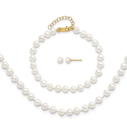 14K Yellow Gold 4-5mm White Freshwater Cultured Pearl Necklace with 1 Inch Extender 5 Inch Bracelet with 1 Inch Extender Post Earrings Set, 14"