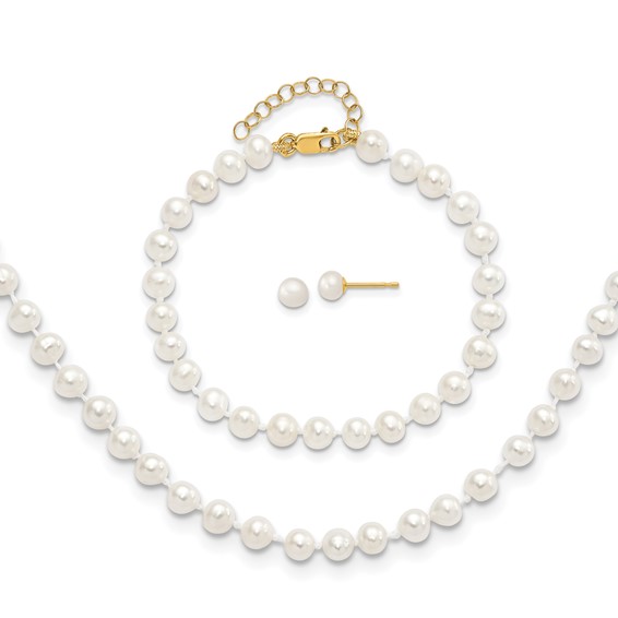 14k 4-5mm White Freshwater Cultured Pearl 14 inch Necklace with 1 inch Extender/5 inch Bracelet with 1 inch Extender/Post Earrings Set