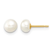 14K Yellow Gold 5-6mm White Freshwater Cultured Pearl Necklace 5 Inch Bracelet Post Earrings 3-piece Set, 14" view 2