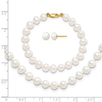 14K Yellow Gold 5-6mm White Freshwater Cultured Pearl Necklace 5 Inch Bracelet Post Earrings 3-piece Set, 14" view 3