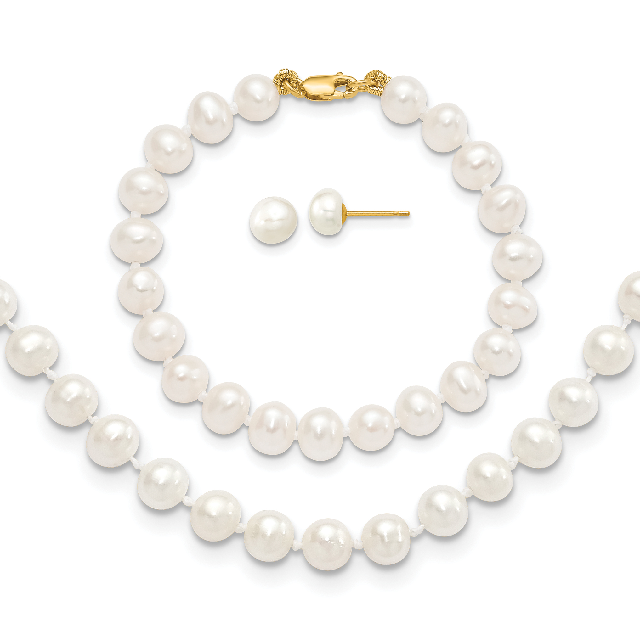 14k 5-6mm White Freshwater Cultured Pearl 5 inch Bracelet, 14 inch Necklace and Post Earrings Set (XF457SET)