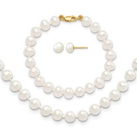 14K Yellow Gold 5-6mm White Freshwater Cultured Pearl Necklace 5 Inch Bracelet Post Earrings 3-piece Set, 14" view 1