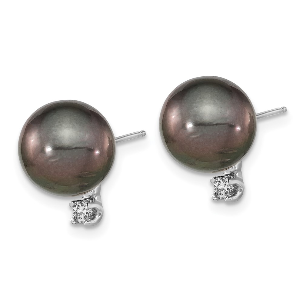 14k White Gold 9-10mm Black Round Tahitian Saltwater Cultured Pearl and .10 Carat Diamond Post Earring (XF458E)