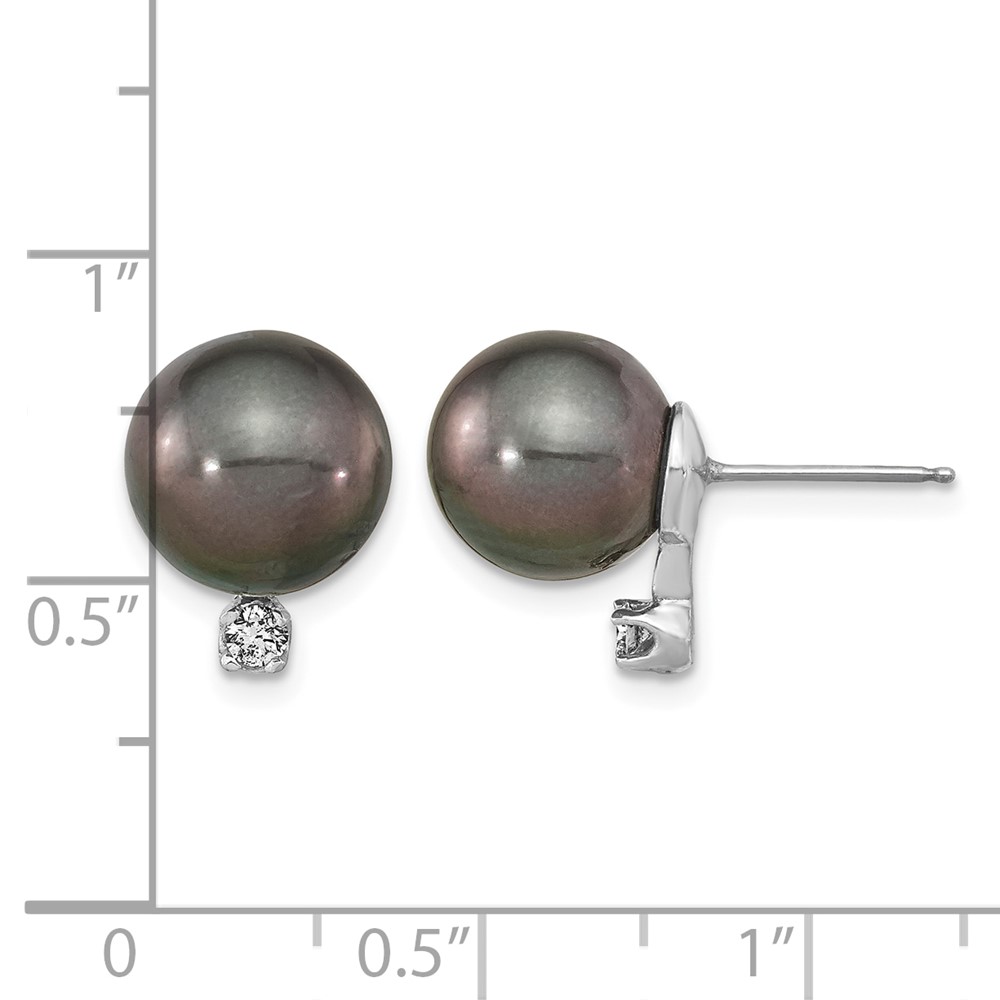 14k White Gold 9-10mm Black Round Tahitian Saltwater Cultured Pearl and .10 Carat Diamond Post Earring (XF458E)