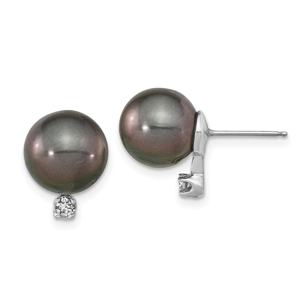 14k White Gold 9-10mm Black Round Tahitian Saltwater Cultured Pearl and .10 Carat Diamond Post Earring (XF458E)