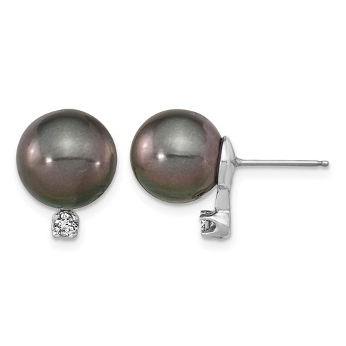14K White Gold 9-10mm Black Round Tahitian Saltwater Cultured Pearl and.10 Carat Diamond Post Earring