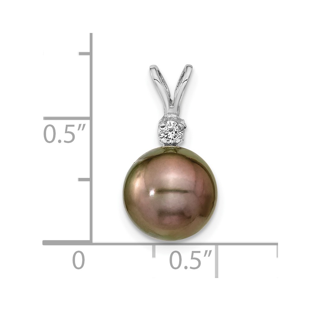 14k White Gold 9-10mm Black Round Tahitian Saltwater Cultured Pearl and .05 Carat Diamond Pendant (XF459E)