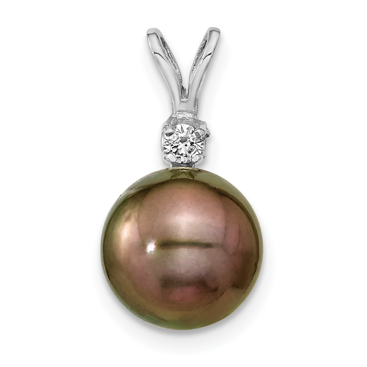 14k White Gold 9-10mm Black Round Tahitian Saltwater Cultured Pearl and .05 Carat Diamond Pendant (XF459E)