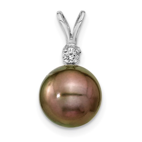 14K White Gold 9-10mm Black Round Tahitian Saltwater Cultured Pearl and.05 Carat Diamond Pendant
