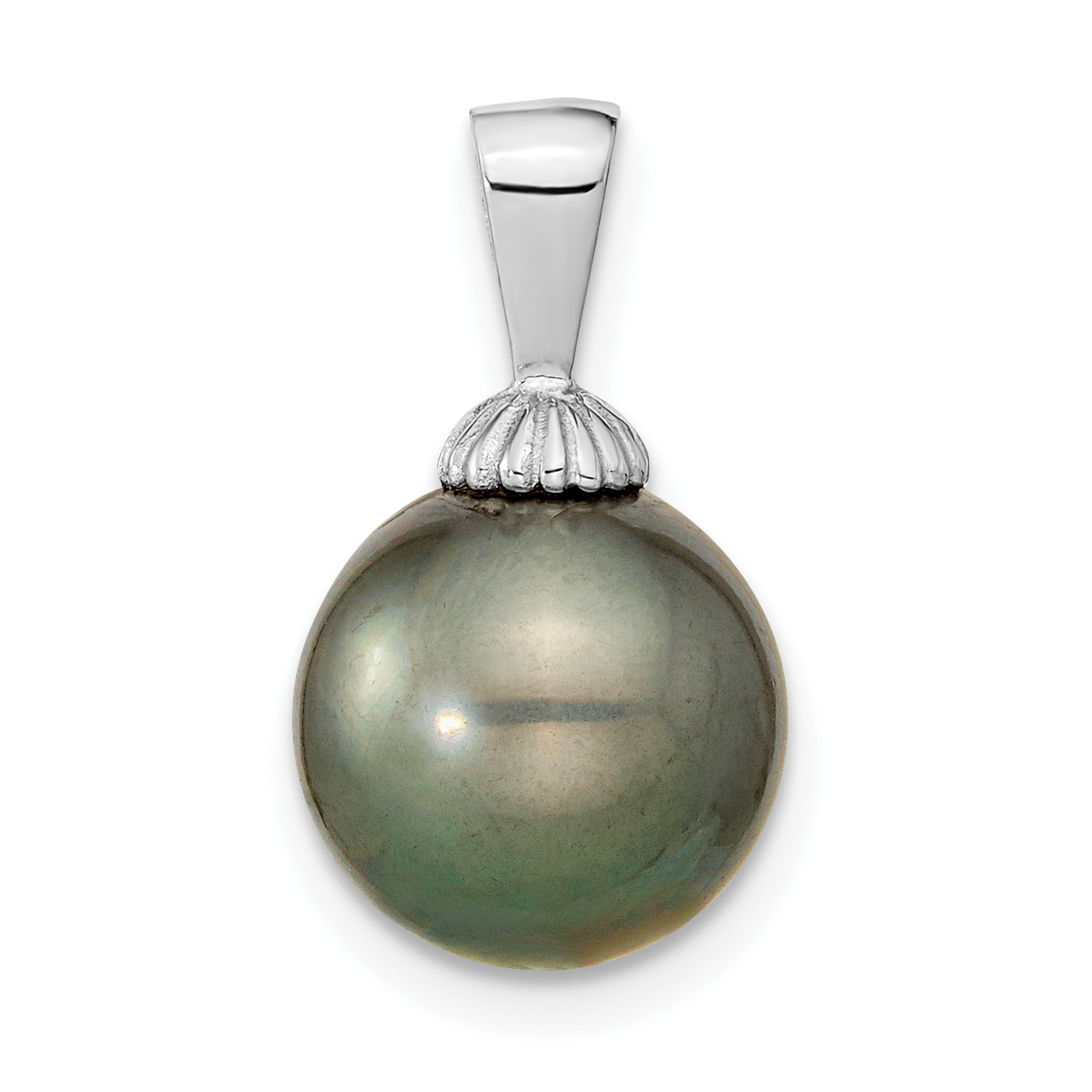 14k White Gold 10-11mm Black Round Tahitian Saltwater Cultured Pearl Pendant (XF460)