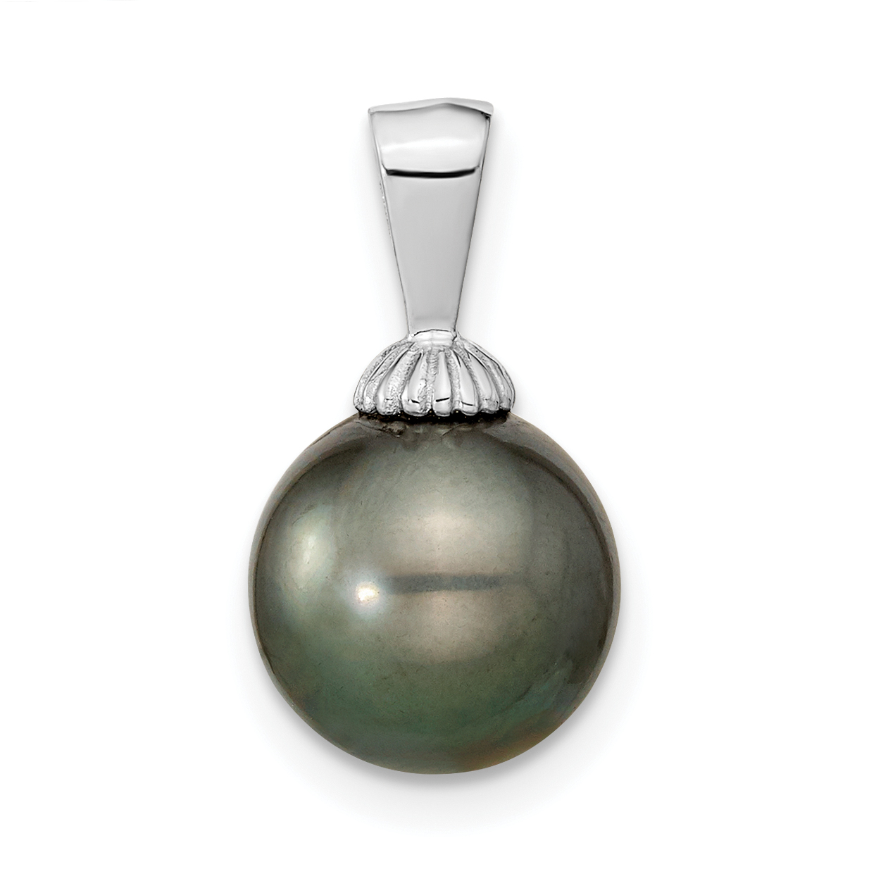 14k White Gold 9-10mm Black Round Tahitian Saltwater Cultured Pearl Pendant (XF462)