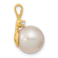 14K Yellow Gold 9-10mm White Round South Sea Saltwater Cultured Pearl and.05 Carat Diamond Pendant view 2