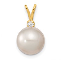 14K Yellow Gold 9-10mm White Round South Sea Saltwater Cultured Pearl and.05 Carat Diamond Pendant view 1