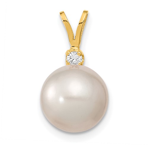 14K Yellow Gold 9-10mm White Round South Sea Saltwater Cultured Pearl and.05 Carat Diamond Pendant