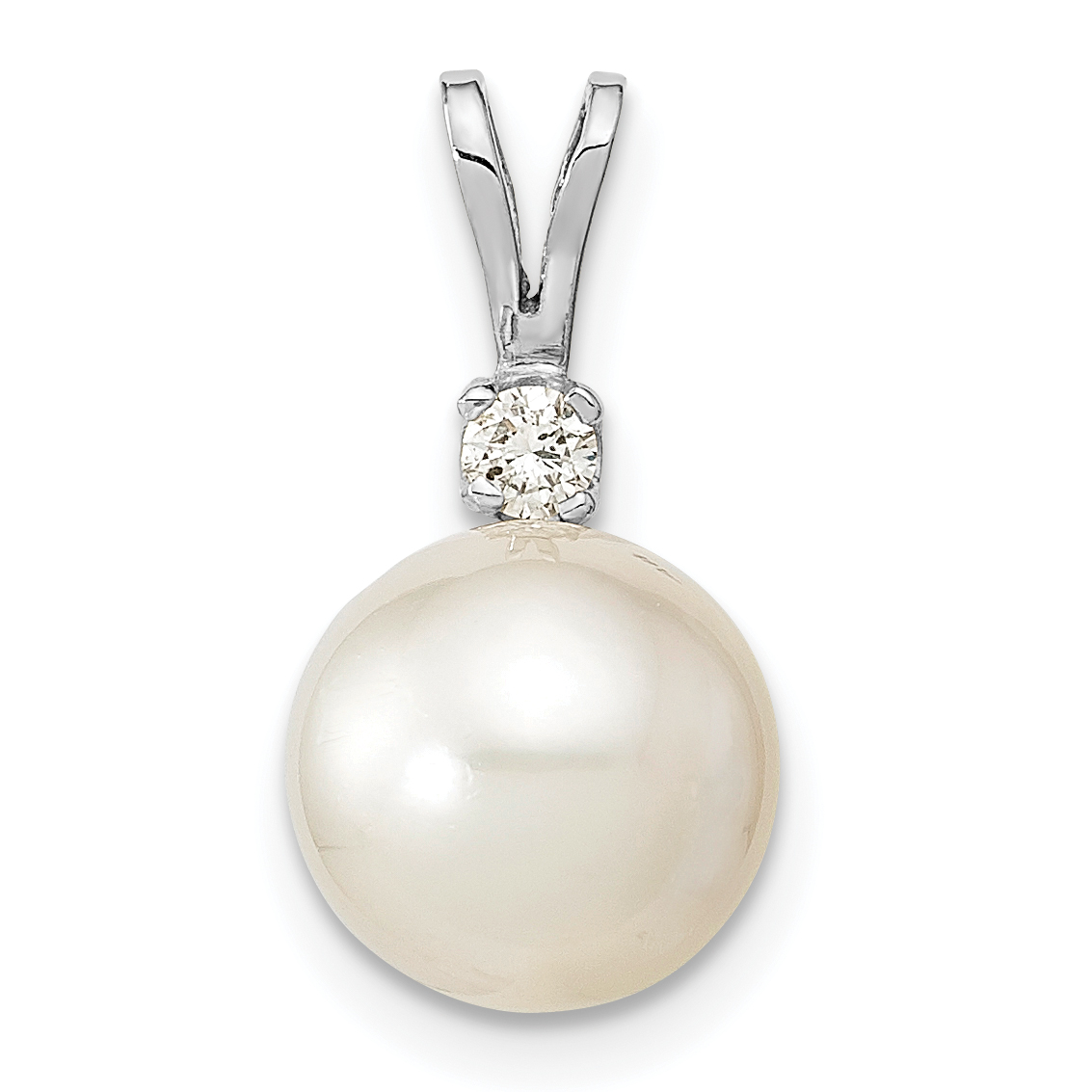 14k White Gold 9-10mm White Round South Sea Saltwater Cultured Pearl and .05 Carat Diamond Pendant (XF467W)