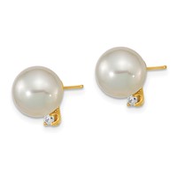 14K Yellow Gold 9-10mm White Round South Sea Saltwater Cultured Pearl and.10 Carat Diamond Post Earrings view 2