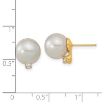 14K Yellow Gold 9-10mm White Round South Sea Saltwater Cultured Pearl and.10 Carat Diamond Post Earrings view 4