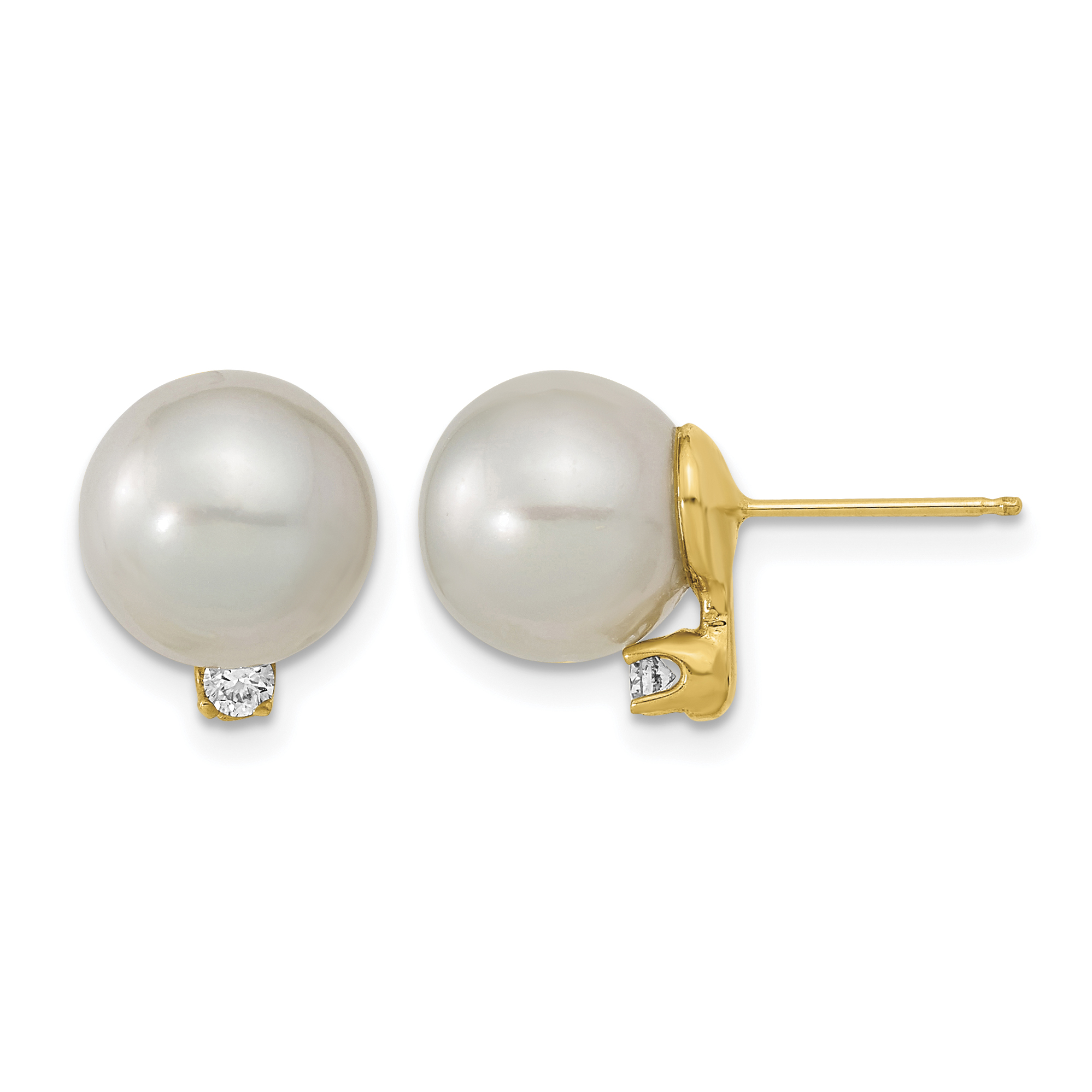 14k 9-10mm White Round South Sea Saltwater Cultured Pearl and .10 Carat Diamond Post Earrings (XF470E)