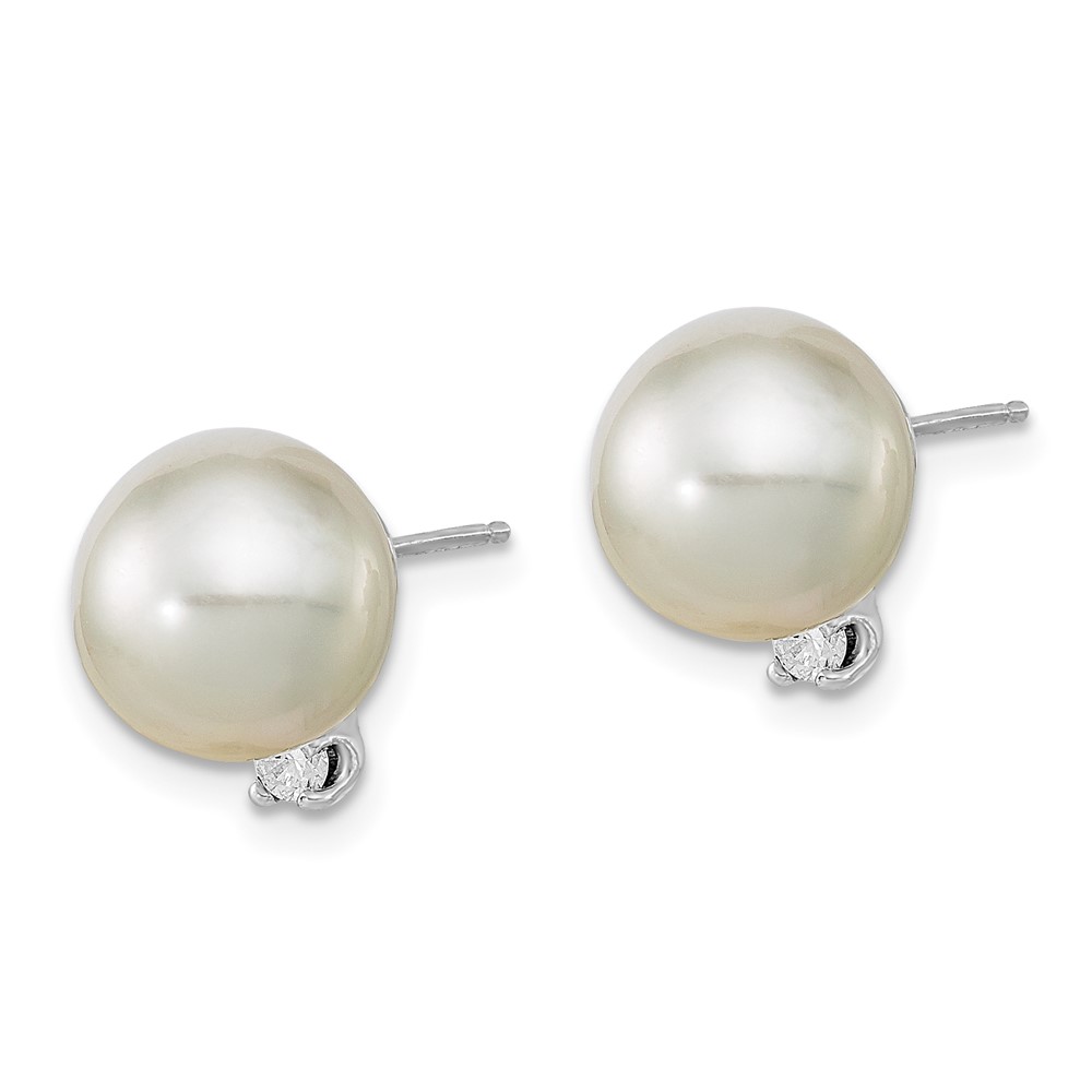14k White Gold 9-10mm White Round South Sea Saltwater Cultured Pearl and .10 Carat Diamond Post Earrings (XF470WE)