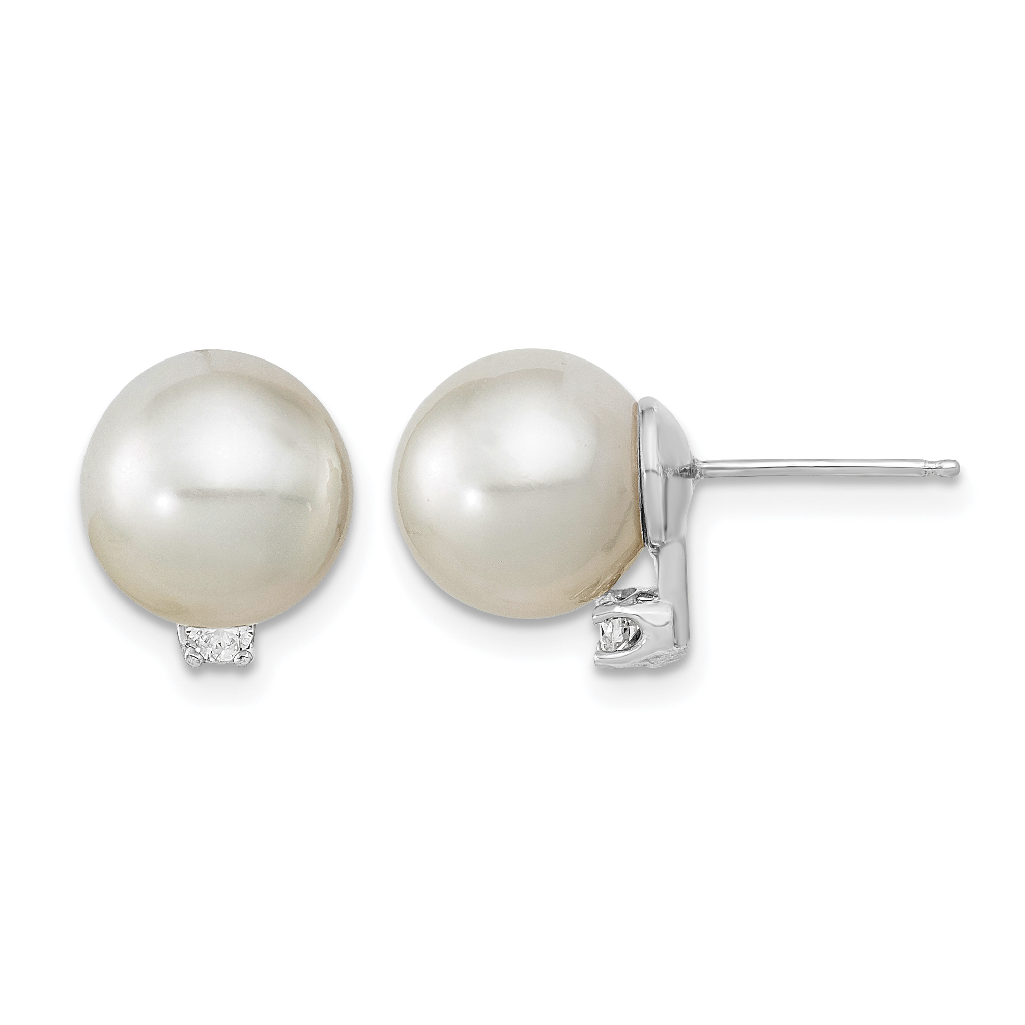 14k White Gold 9-10mm White Round South Sea Saltwater Cultured Pearl and .10 Carat Diamond Post Earrings (XF470WE)