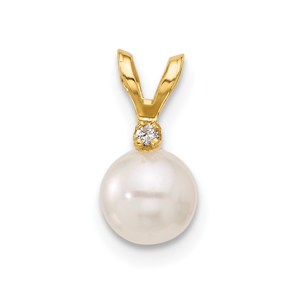 14K Yellow Gold 5-6mm White Round Akoya Saltwater Cultured Pearl and.01 Carat Diamond Pendant