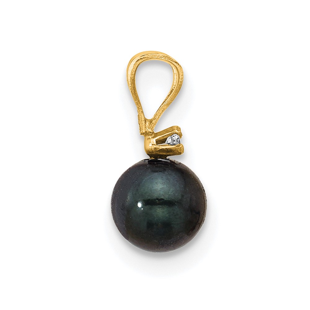 14k 5-6mm Black Round Akoya Saltwater Cultured Pearl and .01 Carat Diamond Pendant (XF471B)
