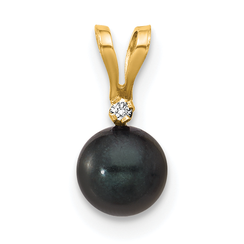 14k 5-6mm Black Round Akoya Saltwater Cultured Pearl and .01 Carat Diamond Pendant (XF471B)