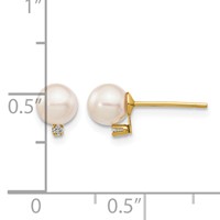 14K Yellow Gold 5-6mm White Round Akoya Saltwater Cultured Pearl and.02 Carat Diamond Post Earrings view 4