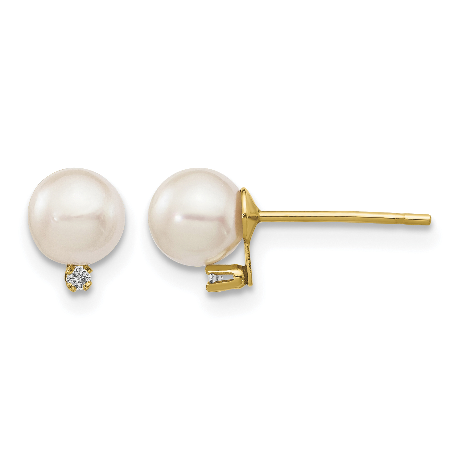 14k 5-6mm White Round Akoya Saltwater Cultured Pearl and .02 Carat Diamond Post Earrings (XF472E)