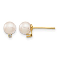 14K Yellow Gold 5-6mm White Round Akoya Saltwater Cultured Pearl and.02 Carat Diamond Post Earrings view 1