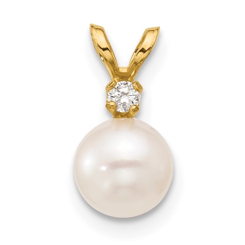 14K Yellow Gold 6-7mm White Round Akoya Saltwater Cultured Pearl and.03 Carat Diamond Pendant