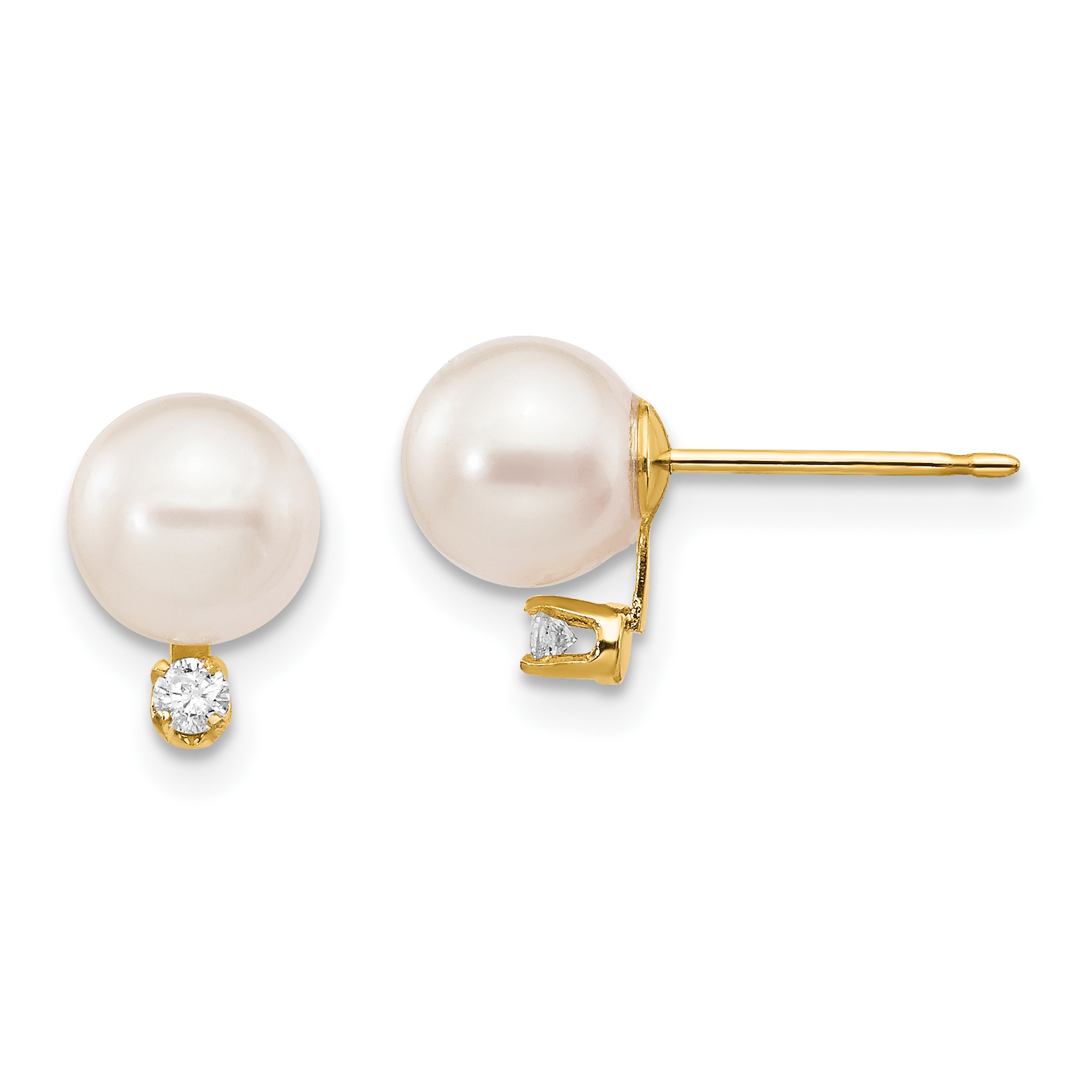14k 6-7mm White Round Akoya Saltwater Cultured Pearl and 1/20 Carat Diamond Post Earrings (XF474E)