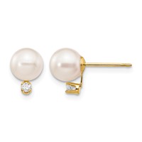 14K Yellow Gold 6-7mm White Round Akoya Saltwater Cultured Pearl and 0.05 Carat Diamond Post Earrings view 1