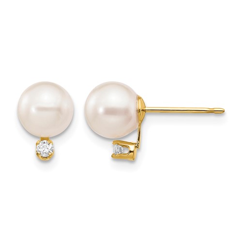 14K Yellow Gold 6-7mm White Round Akoya Saltwater Cultured Pearl and 0.05 Carat Diamond Post Earrings