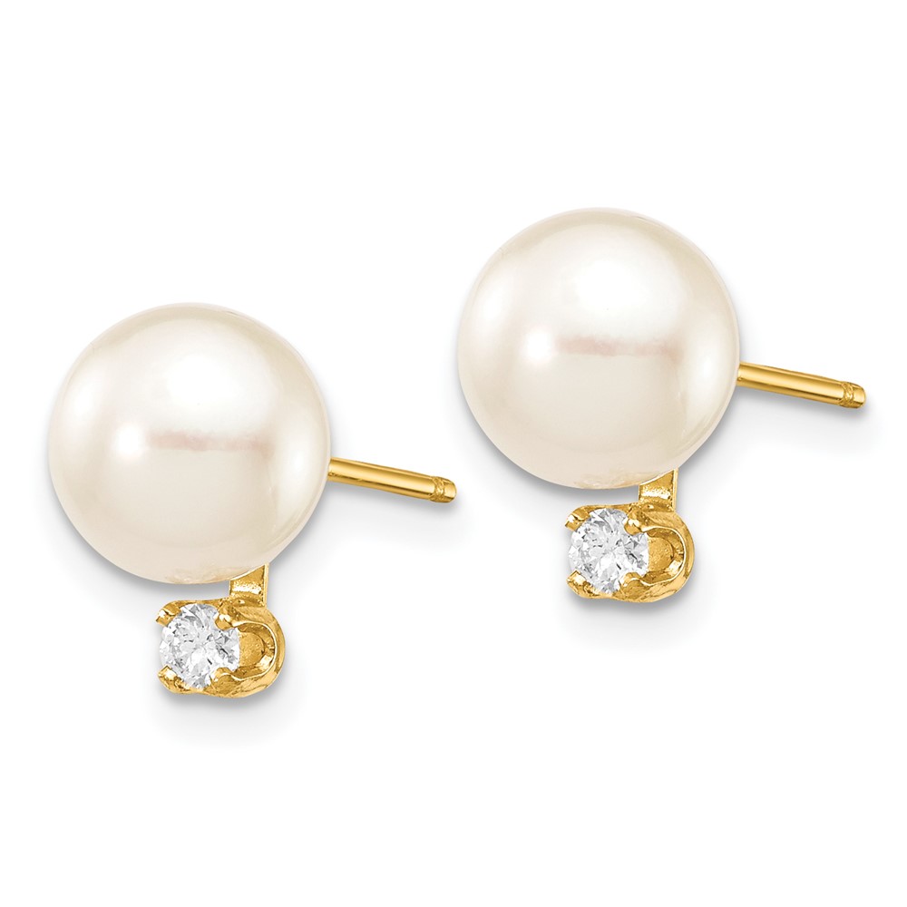 14k 7-8mm White Round Akoya Saltwater Cultured Pearl and 1/10 Carat Diamond Post Earrings (XF475E)