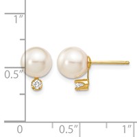 14K Yellow Gold 7-8mm White Round Akoya Saltwater Cultured Pearl and 0.10 Carat Diamond Post Earrings view 4