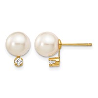 14K Yellow Gold 7-8mm White Round Akoya Saltwater Cultured Pearl and 0.10 Carat Diamond Post Earrings view 1